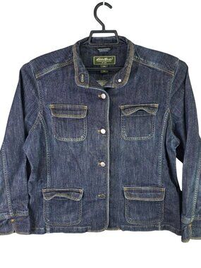 Womens Eddie Bauer Blue Denim Jacket Classic Fit Button Front Cotton Stretch XL